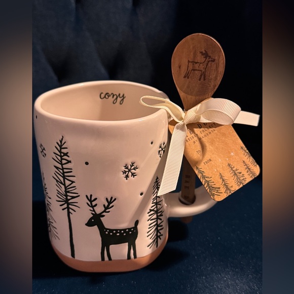 Rae Dunn “cozy” mug, wooden spoon, matte beige bottom w black deer trees & snow - Picture 7 of 7